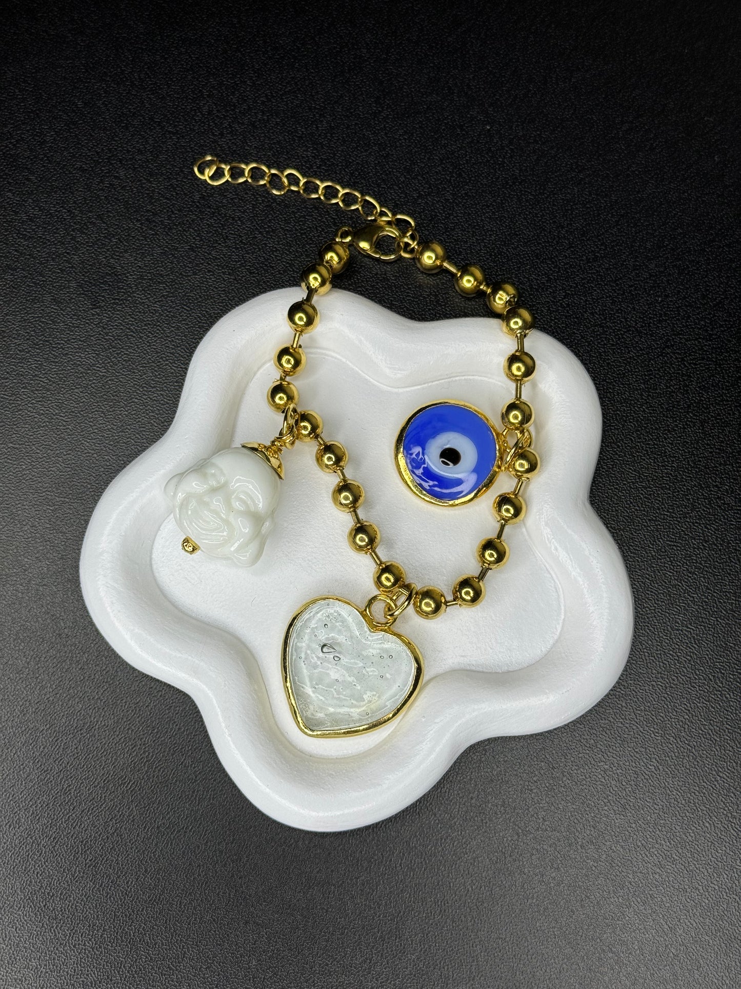 PULSERA BUDA OJO TURCO Y CORAZON VITRAL.